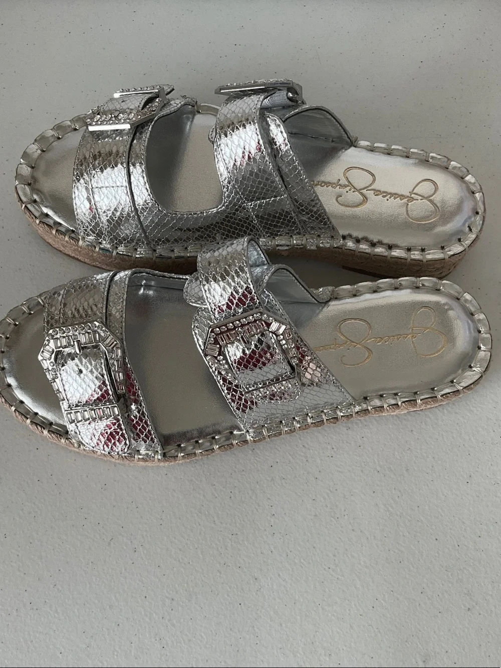 Jessica Simpson  Chandria Metallic Silver Snakeskin Buckle Slide Sandals (NWOT)